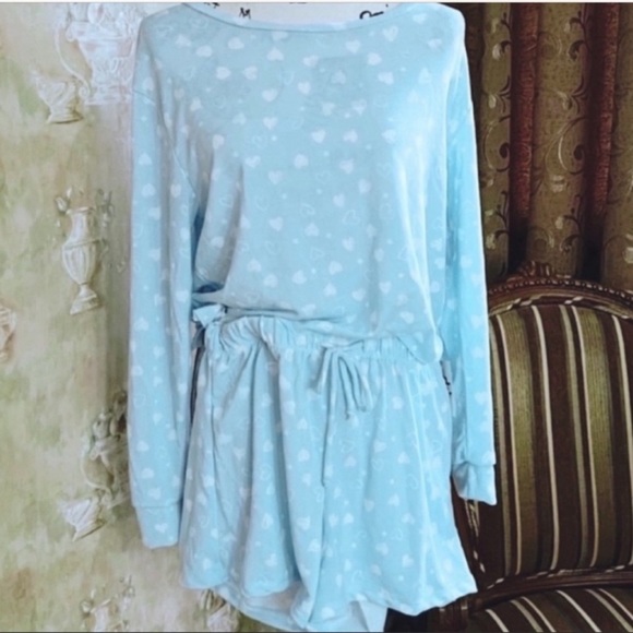 CATHERINE MALANDRINO BLUE WHITE HEART PRINT SMALL SHORTS SET NWT - Picture 4 of 5